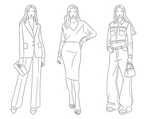 Female clothes collection. Fashion models posing. Vector line fashion illustration of beautiful young women, isolated on a white background. Fashion coloring page. Hand drawn fashion sketches.