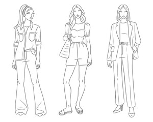 Female clothes collection. Fashion models posing. Vector line fashion illustration of beautiful young women, isolated on a white background. Fashion coloring page. Hand drawn fashion sketches.