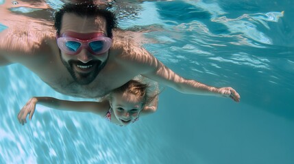 Naklejka premium A father and daughter smile underwater while swimming.