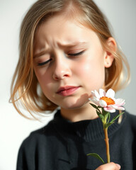 Fototapeta premium Sad girl holding a flower