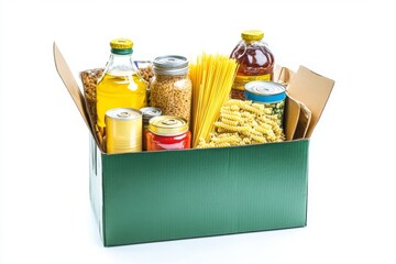 Foodstuff donation box isolated on white, containing various items like pasta, cooking oil, and canned food, with a precise clipping path 