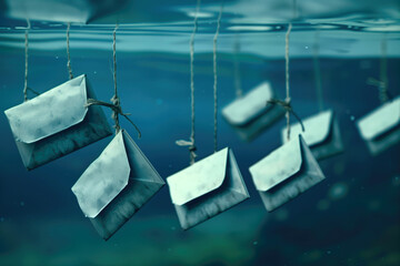 Email Envelopes suspended underwater by strings with a blurry aquatic background. Concepts of email phishing scam, communication.