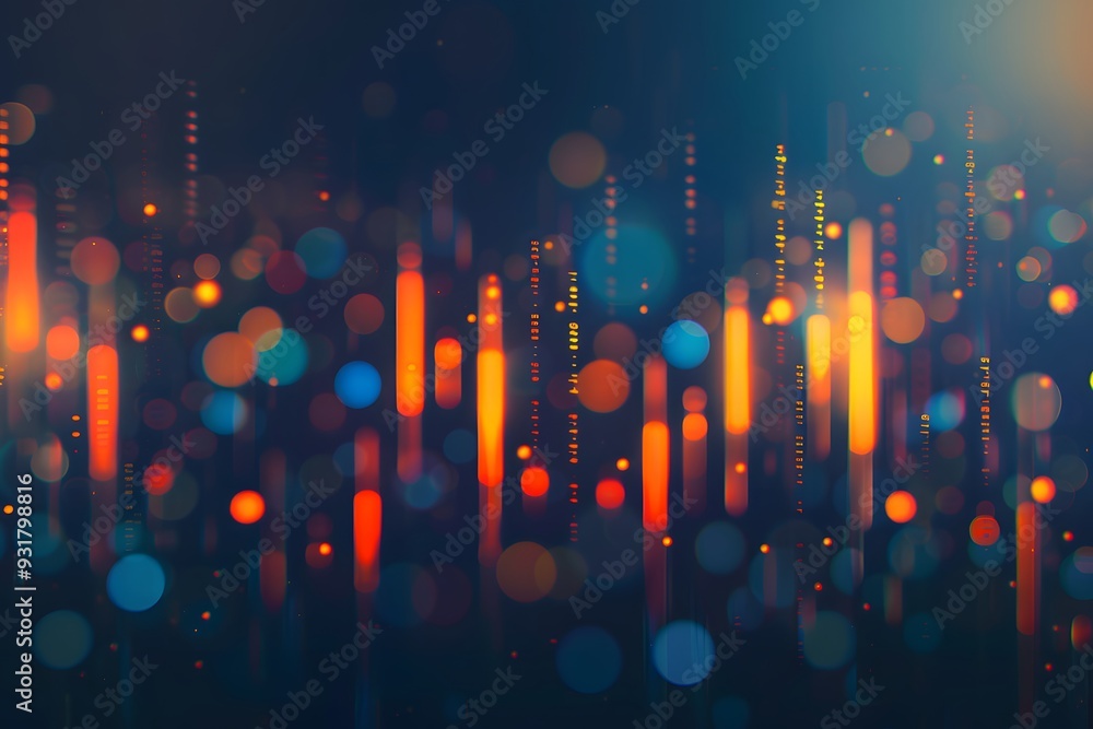 Poster a stock market chart with candlestick lines and numbers, with a dark blue gradient background and bo