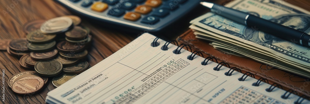 Fototapete A stack of cash and coins lay beside an open notebook filled with notes and calculations, highlighting financial planning on a wooden table. Generative AI