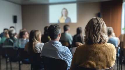Audience engaged in lecture or seminar with projector screen in modern conference room