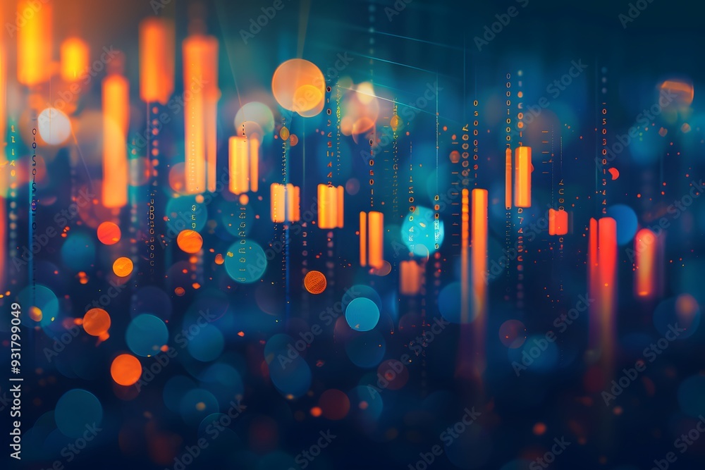 Poster a stock market chart with candlestick lines and numbers, with a dark blue gradient background and bo
