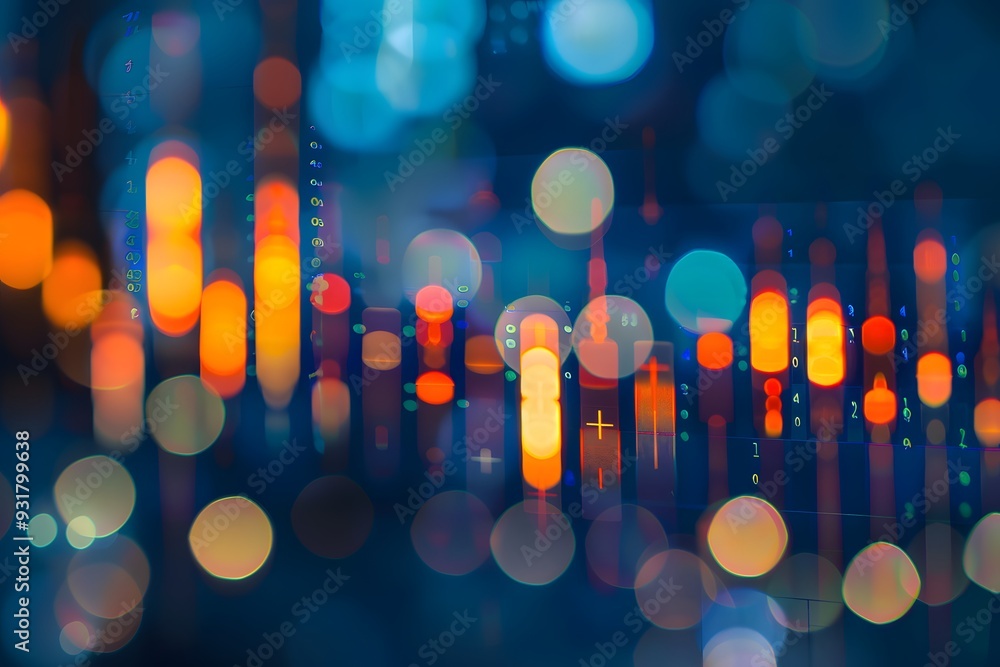 Poster a stock market chart with candlestick lines and numbers, with a dark blue gradient background and bo
