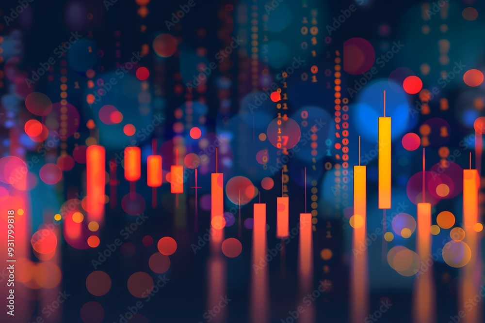 Poster a stock market chart with candlestick lines and numbers, with a dark blue gradient background and bo