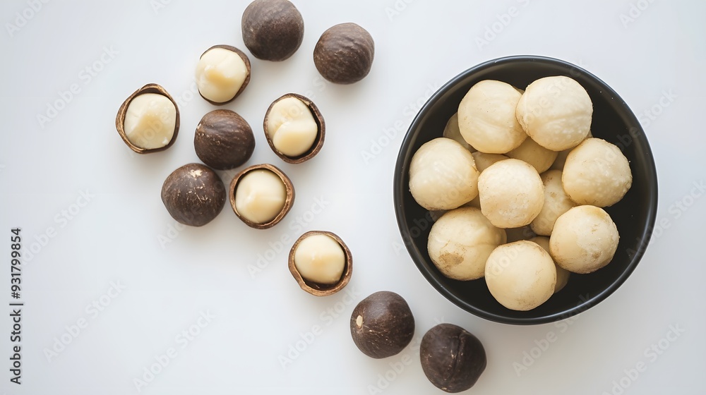Poster macadamia nuts in their shells and a bowl of shelled macadamia nuts.