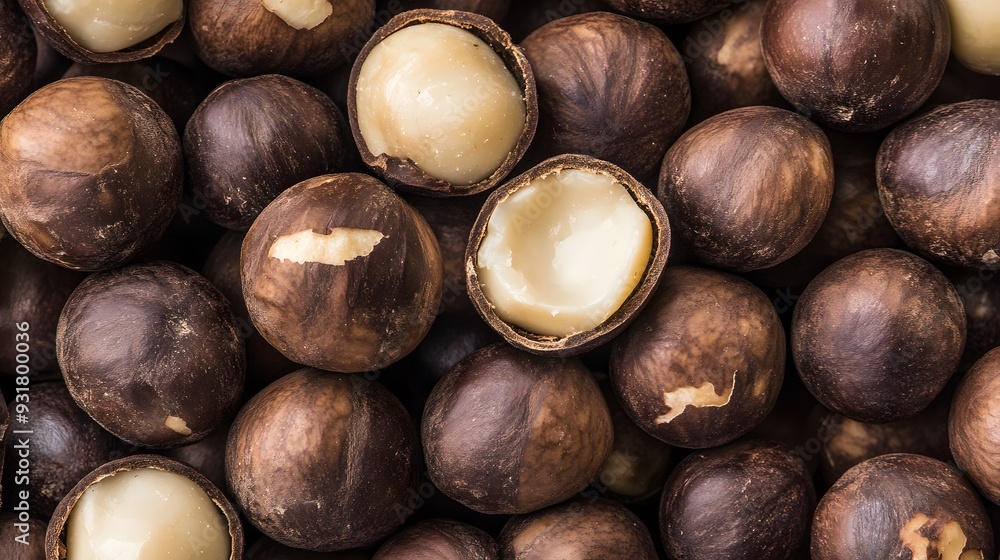 Poster close up of macadamia nuts in their shells.