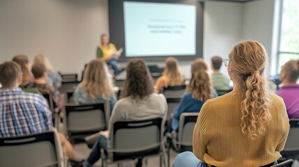 Fototapeta premium Group of individuals engaged in lecture in contemporary classroom. Education, learning, and concentration signified by attentive audience.