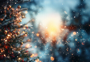 magical abstract blurred blue christmas holidays frame with sunresi, xmas tree, lights & baubbles; bokeh effect; widescreen backdrop