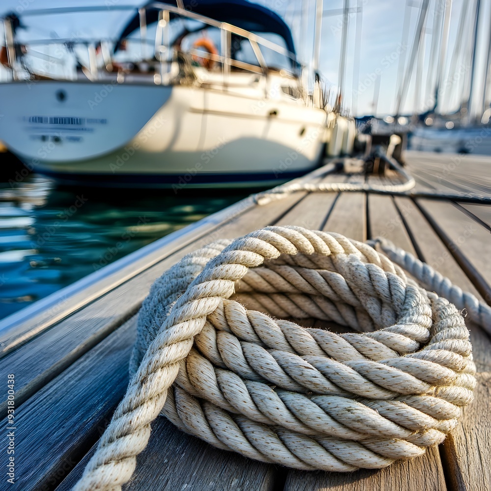 Poster neatly coiled sailing rope on a dock by a sailboat a close up image showing a tightly coiled rope on