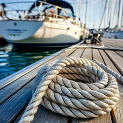 Obraz premium Neatly Coiled Sailing Rope on a Dock by a Sailboat A close up image showing a tightly coiled rope on a wooden dock with a sailboat in the background