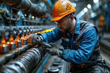 Mechanic fixes hydraulic hose on drill