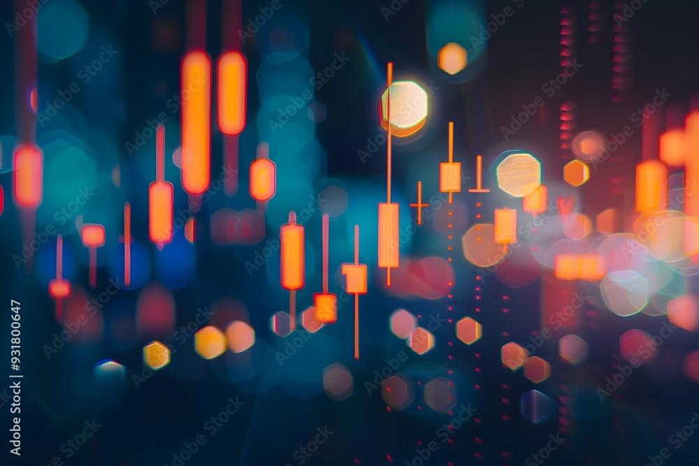 Poster a stock market chart with candlestick lines and numbers, with a dark blue gradient background and bo