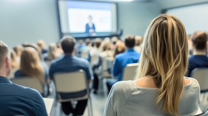People gathered in conference room watching a seminar. Focus is on audience members and presentation screen.