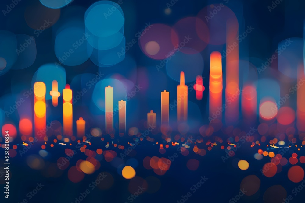 Poster a stock market chart with candlestick lines and numbers, with a dark blue gradient background and bo