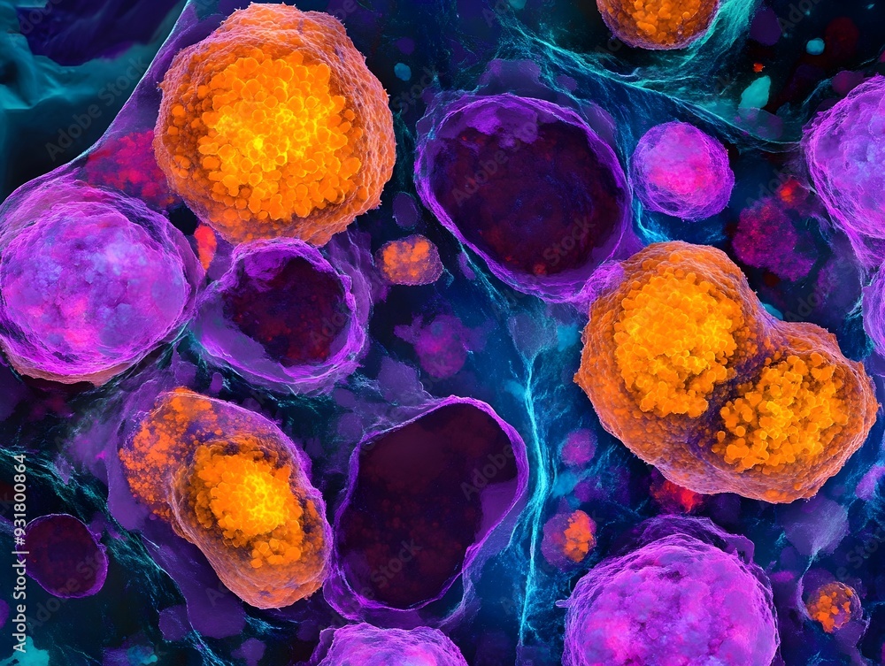 Poster detailed abstract image showcasing the intricate structure of cancer cells under a microscope with v