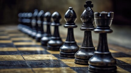 A row of black chess pieces on an aged wooden chessboard, highlighting the timeless nature of the game. The image is perfect for themes of strategy, competition, and intellectual challenge.