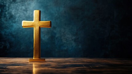 Naklejka premium A shiny golden cross standing on a wooden table, with a dark navy blue background. The image highlights the significance of the crucifixion, symbolizing faith and salvation in Christian belief.