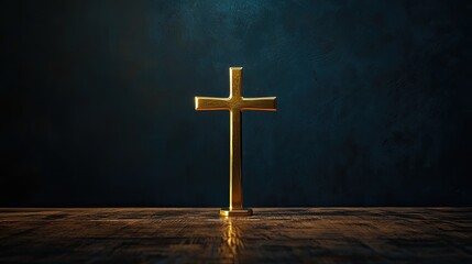 Naklejka premium A shiny golden cross standing on a wooden table, with a dark navy blue background. The image highlights the significance of the crucifixion, symbolizing faith and salvation in Christian belief.