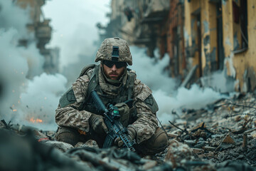Fototapeta premium Soldier in warzone rubble and smoke
