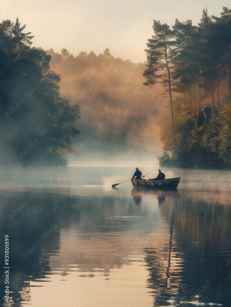 Poster two individuals are quietly fishing in a small boat, enveloped by fog and reflected trees on a seren