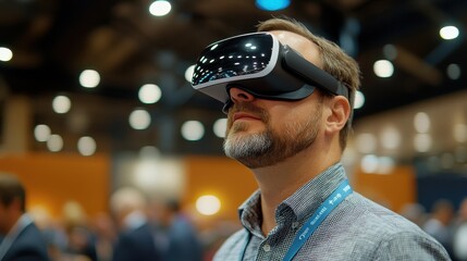 Man Experiencing Virtual Reality with VR Headset in Modern Tech Conference Setting