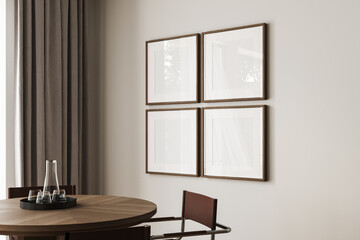 White living room interior with sideboard, side view, vase with branch in the corner on hardwood floor. Four square mock up posters. 3D rendering