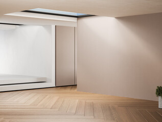 Fototapeta premium Minimalist empty room with beige and white backgrounds, concrete floor, sun ray, cozy home, indoor plant. Copy space area for office and living rooms. Mock up.3d rendering