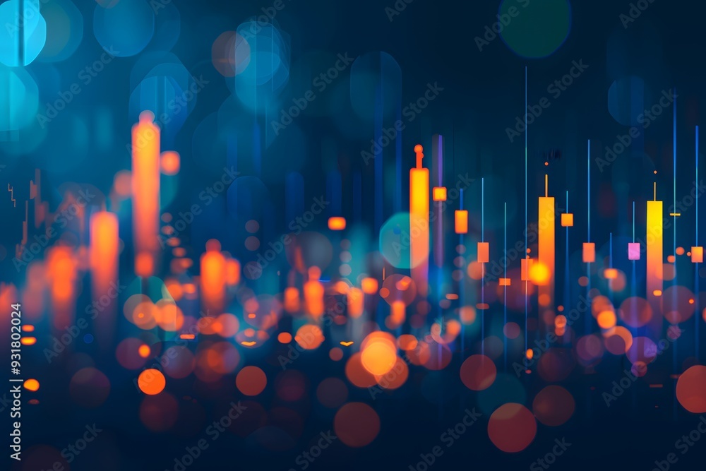 Poster a stock market chart with candlestick lines and numbers, with a dark blue gradient background and bo
