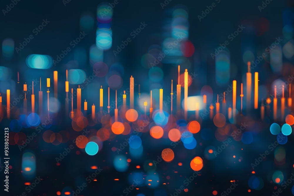 Poster a stock market chart with candlestick lines and numbers, with a dark blue gradient background and bo