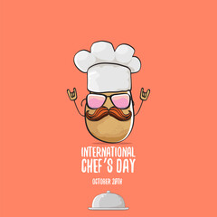 International chef day vector greeting card. vector funny cartoon tiny brown smiling chef potato with hat isolated on peach color background. Potato character