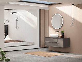 Modern minimalist bathroom interior, modern bathroom cabinet, white sink, wooden vanity, interior plants, bathroom accessories, bathtub and shower, white and beige walls, concrete floor.