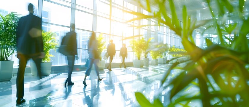 A bright office hallway filled with lush greenery and bathed in natural light. Blurred motion of professionals walking creates a vibrant and energetic atmosphere.