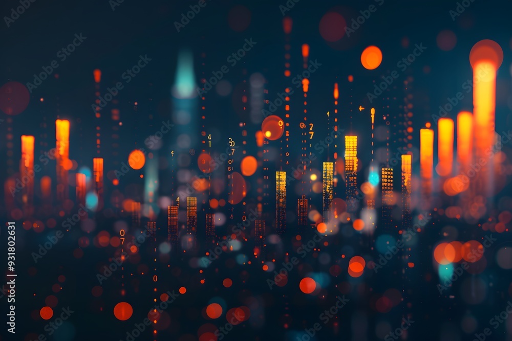 Poster a stock market chart with candlestick lines and numbers, with a dark blue gradient background and bo