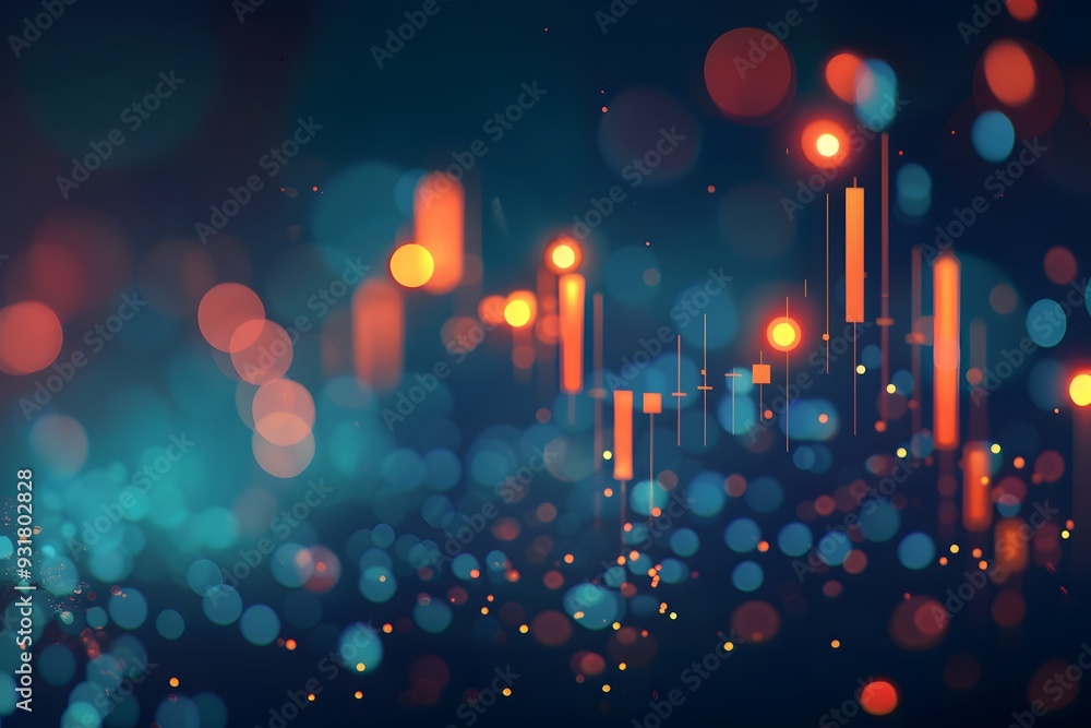 Poster a stock market chart with candlestick lines and numbers, with a dark blue gradient background and bo