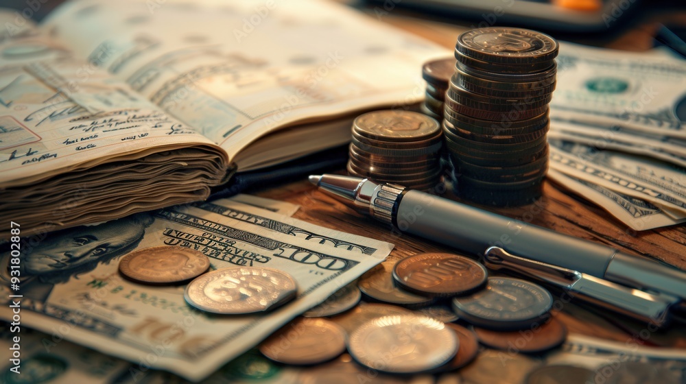 Aufkleber A collection of cash and coins alongside a notebook filled with financial notes and calculations, highlighting a moment of financial planning and budgeting. Generative AI