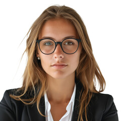 Obraz premium Young Woman in a Business Suit With Glasses Poses Confidently on Isolated Background
