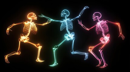 Obraz premium Eerie Neon Skeletons Dancing in the Dark with Vibrant Glowing Bones, Generative Ai