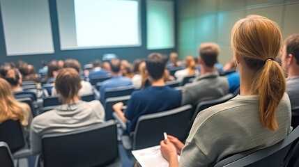 Students seated in rows attentively listening to lecture in classroom. Focus on education, learning, and academic environment during presentation.