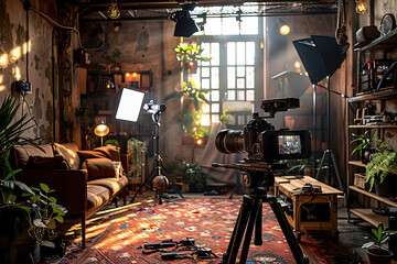 Content creator filming in urban loft studio