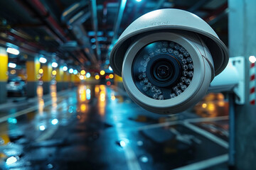 Fototapeta premium Sleek IP camera in parking garage