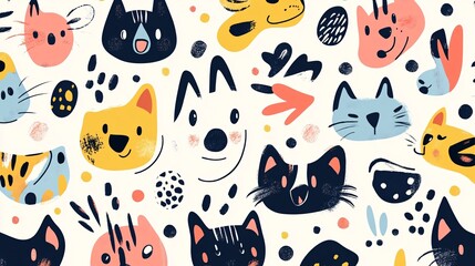 Abstract pattern of cartoon-style pets with expressive faces and playful patterns on a light background