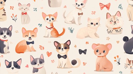 Repeating pattern of pets with various accessories such as bows collars and toys on a neutral background