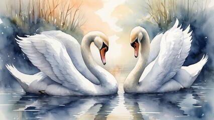 Obraz premium 2 Schöne Liebevolle Schwane Im Wasser Watercolour