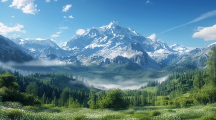 Majestic Mountain Range with Green Forest and White Flowers.