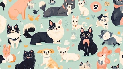 Close-up of a pattern featuring a mix of pets in various playful poses on a pastel background