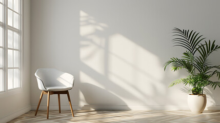 A white chair sits in a bright room with a large plant in a white pot,  sunlight streams in through a window casting shadows on the wall.